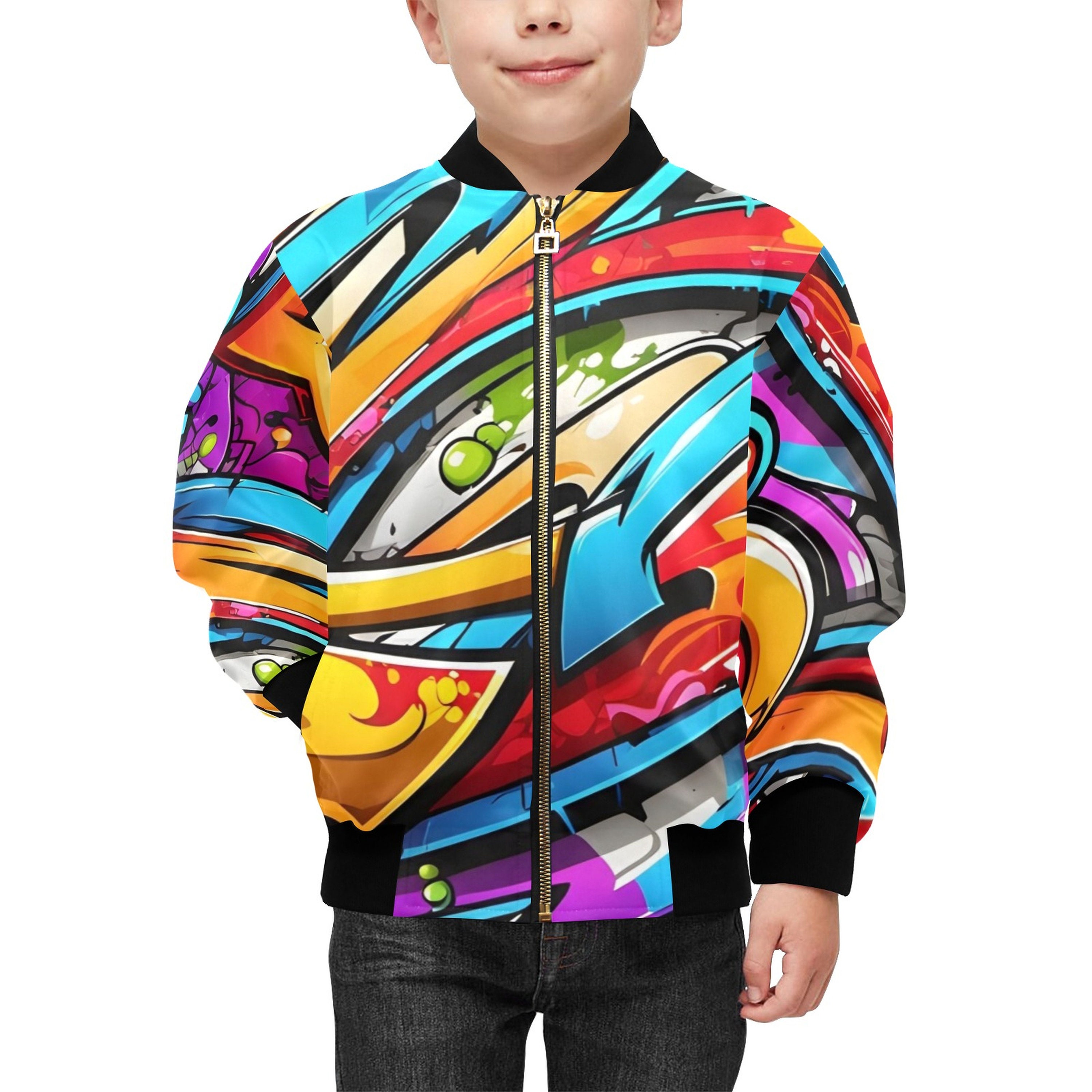 Kids Bomber Jacket With Pockets Graffiti B-boy Rap Hip Hop