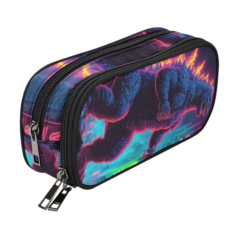 May include: A black pencil case with a zipper closure. The case features a colorful graphic of a Godzilla-like monster in a neon cityscape.