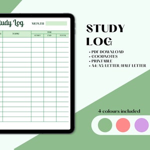 May include: A printable study log template on a tablet screen. The template has columns for date, topic, start time, end time, and total time. The text "Study Log" is at the top of the template. The text "MONTH" is at the top of the template. The text "PDF DOWNLOAD, GOODNOTES, PRINTABLE, A4/A5/LETTER/HALF LETTER" is on the right side of the image. The text "4 colours included" is at the bottom of the image. There are four colored circles below the text.