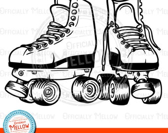 Puede incluir: Una ilustración de arte lineal en blanco y negro de dos patines con cordones y cuatro ruedas cada uno. El diseño presenta el texto Officially Mellow en un sello circular y el texto SVG + PNG + EPS + DXF + PDF en la parte inferior.