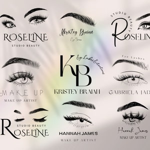 May include: A collection of nine black and white logos for beauty businesses. The logos feature stylized illustrations of eyes and eyebrows, along with text that includes the names of the businesses and their services, such as "Studio Beauty", "Eye Lashes", and "Make Up Artist".
