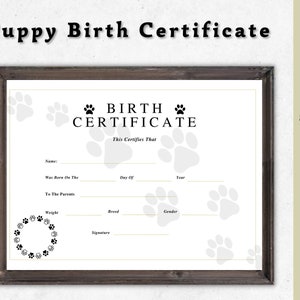 Puppy geboorteakte afdrukbare hond geboorte huisdier certificaat, hondeneigenaar, hondenliefhebber, fokker geboorteformulieren, geboorteakte