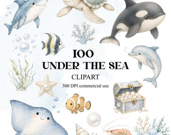 100 Under the Sea Watercolor Clipart, Ocean Animals, Coral Reef Sea Creatures, 300 DPI Transparent PNG Bundle, Commercial Use