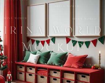 3 Christmas Frames  Interior Room Scene,Frame Mockup for Christmas Poster and Print,Landscape Art print mockup, Christmas Mockup PSD