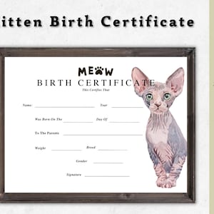 Kitten Birth Certificate Printable Cat Birth Pet Certificate,dog Owner ...
