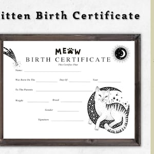 Kitten geboorteakte afdrukbare kattengeboorte huisdiercertificaat, katteneigenaar, kattenliefhebber, geboorteformulieren van de fokker, geboorteakte
