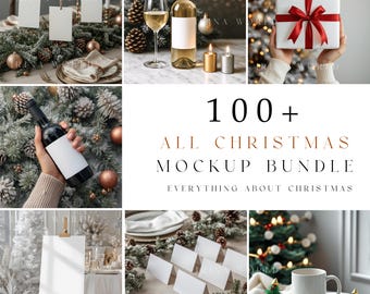 May include: A collection of Christmas-themed mockups, including a bottle of wine, a gift box with a red ribbon, and blank cards. The image also features a mug, candles, and festive decorations, all set against a backdrop of holiday greenery.