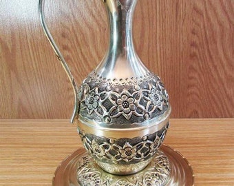 Vintage Ottoman Turkish Ibrik Jug - Copper  Silver Plated Collection - Hand Hammered Copper Jug - Ethnographic Copper Pitcher