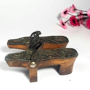 Vintage Decorative Ottoman  Mini Clogs | Miniature Nalin Clogs | Turkish Wooden Filigree Metal Clogs | Wooden Shoes | Bathhouse Slippers