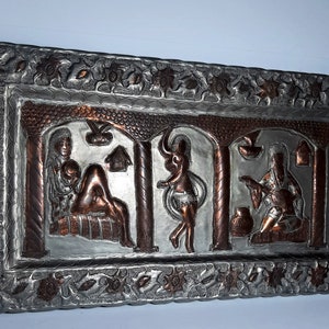 Vintage Large Copper 3 Woman Figures Art Wall Hanging Artwork,  Retro Woman Wall Images, Copper Wall Decor, embossed copper wall plaque