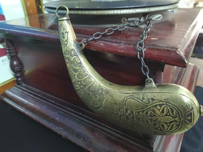 Brass gun powder flask box case Ottoman Antique style , Vintage gunpowder case having Balkans' design, Very RaRe - Collectable Home decor