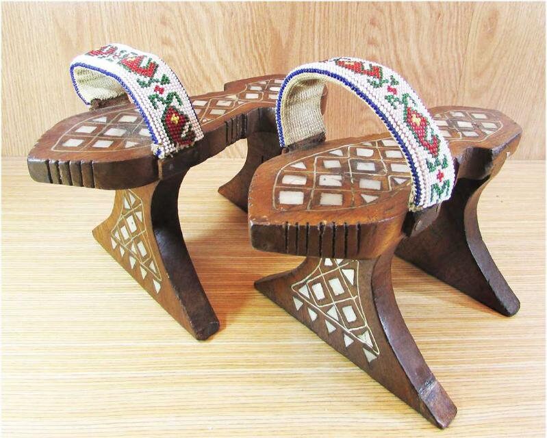 Antique Ottoman Turkish Traditional Hand Carved Wooden Bath Clogs