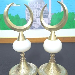Alam de cobre islâmico em estilo antigo, 2 peças | Remate em forma de lua crescente | Tampo de mesquita otomana | Ornamento arquitetônico islâmico | Decoração religiosa vintage