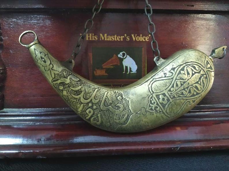 Brass gun powder flask box case Ottoman Antique style , Vintage gunpowder case having Balkans' design, Very RaRe - Collectable Home decor