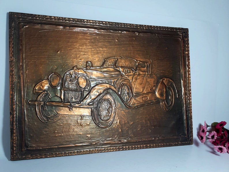 Vintage Large Copper Art Wall Hanging Artwork, Retro Car Images, Copper