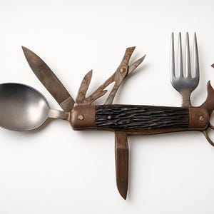 Vintage Multi-Function Pocket Knife with Spoon, Fork, Can Opener & Blade – Antique Camping Utensil Collectable Knife