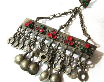 Tocado nupcial antiguo de plata del Imperio Otomano, monedas y piedra. Tocado étnico, sellos islámicos y joyas con monedas. Regalo de boda para mujer. Raro.