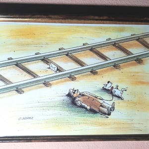 Vintage Cartoon Frame Man , Wall Hanging Decor, committing suicide with his dog on train track, Original Artist selling his cartoons framed
