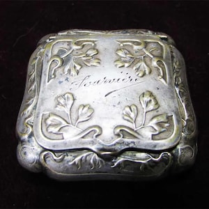 Antique Silver Powder Mini Box, European Embossed  Box With Mirror, French Made Box Home Office Decor