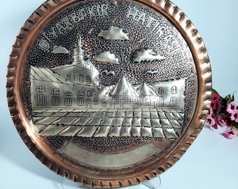Regalo de decoración de pared vintage, plato turco, colgante de pared étnico colorido, plato decorativo, regalo para el hogar, bandeja grabada, arte de cobre