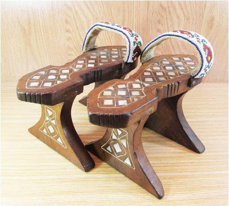 Antique Ottoman Turkish Traditional Hand Carved Wooden Bath Clogs