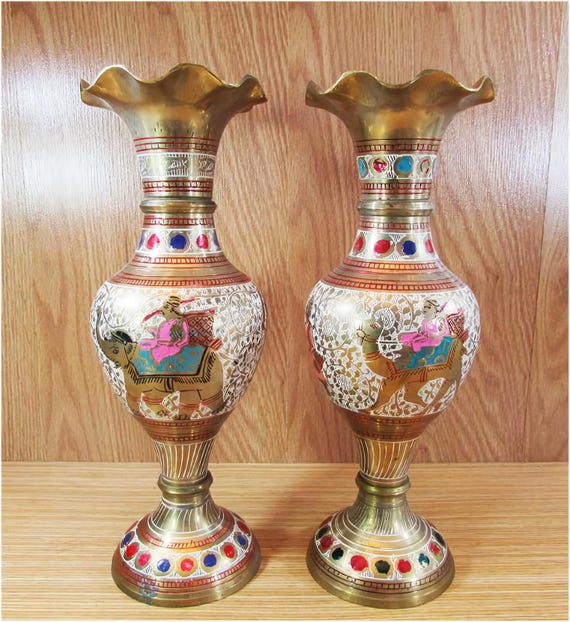 Vintage Enamel Double Brass Vases, North African Pcs Vases, Brass vases  Home Office Decor