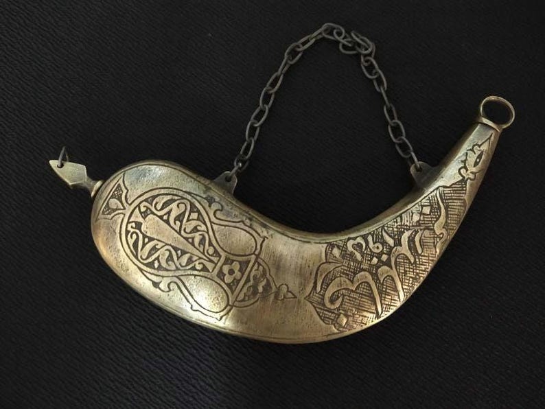 Ottoman Antique Style Brass Gunpowder Flask / Box Handcrafted Brass Gunpowder Flask / Collectible Historical Ottoman  Flask - Authentic