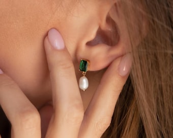 Pendientes colgantes verde esmeralda: pendientes de plata de ley con perlas de agua dulce