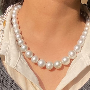 White South Sea Pearl Necklace, Big Size White Saltwater Pearl Beads Necklace for Women