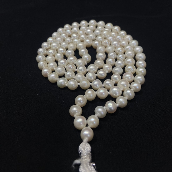 Perle ronde blanche d'eau douce 108 + 1 perles mala prière hindoue yoga méditation prière bouddhiste indienne collier Jaap rare Inde puja