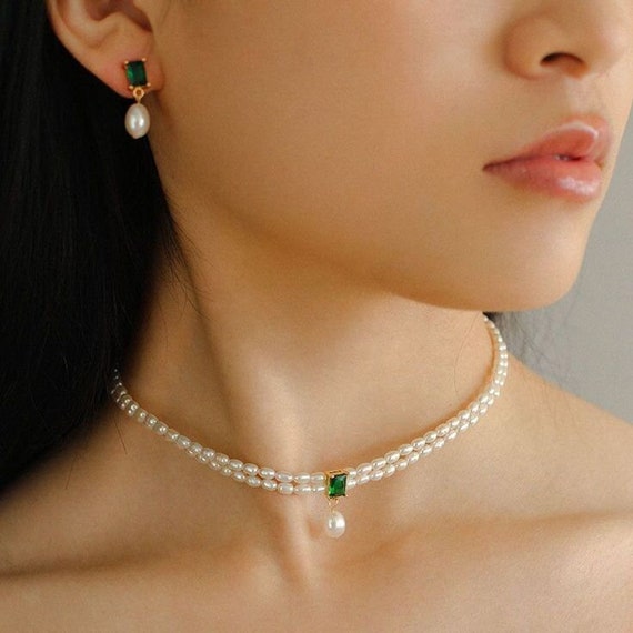 Emerald Pendant Choker: 14k Gold Plated Pearl Necklace