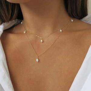 Minimalist Freshwater Pearl Necklace - Simple Pearl Drop Necklace - Dainty Chain Necklace - Wedding Jewelry - Mother&#39;s Day Gift For Her