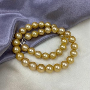 Vintage Golden Saltwater Pearl Beads Necklace, Dark Yellow South sea Pearl Necklace, Big Size Golden Pearl Beads