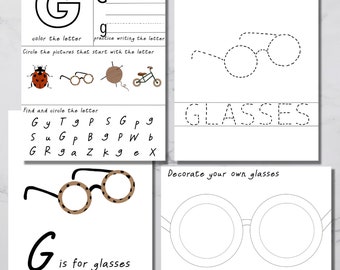 Peut inclure: Une feuille de travail imprimable pour les enfants pour apprendre la lettre G. La feuille de travail comprend le tracé de la lettre G, la coloration de la lettre G, le cercle des images qui commencent par la lettre G, la recherche et le cercle de la lettre G dans une recherche de mots, le tracé du mot "lunettes" et la décoration d'une paire de lunettes. La feuille de travail comprend également la phrase "G est pour lunettes" et une image de lunettes.