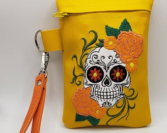 Sugar skull and rose wristlet pouch purse