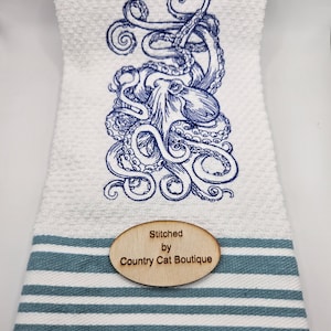 Octopus Embroidered Cotton Hand Towel: Nautical Bathroom Decor