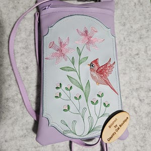 Cardinal with trumpets embroidered cross body bag purse