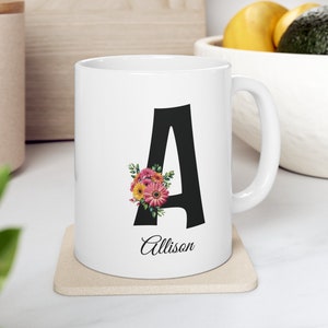 Custom Name Ceramic Mug | Initial Letter Mugs | Monogram Mug | Floral Alphabet Cup | Personalized Mug | Gift For Mom | Gift For Daughter