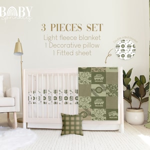 May include: A 3-piece baby bedding set with a green and white truck and wrench pattern. The set includes a fitted sheet, a blanket, and a decorative pillow. The blanket is double-sided and features the name "Richard" on one side.
