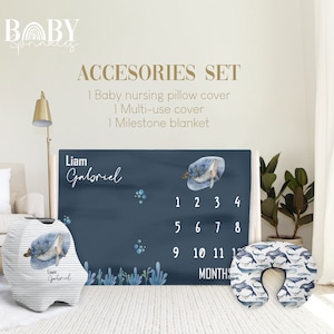 WHALE Accessories Set, Ocean milestone blanket, Whale Nursery, Whale Accessories Set, Personalized Baby blanket