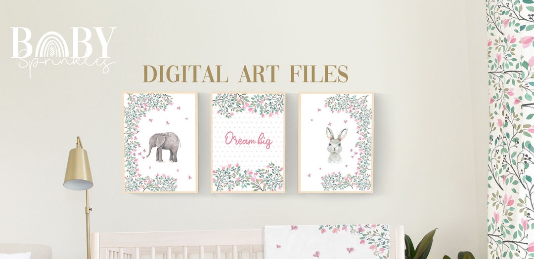 FLORAL ELEPHANT Wall Art, Set of 3 Digital Files, Floral Nursery Wall