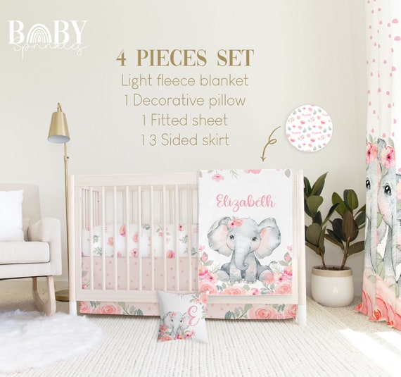 Elephant Baby Crib Bedding Set: Pink Floral Fleece Blanket UK
