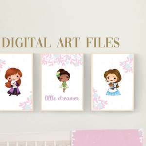 PRINCESS Nursery Wall Art, Set of 3 Digital Files, Floral Nursery Wall Decor, Princess Girl Nursery Decor, Girl Wall Art