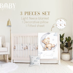 BEAR BABY Crib Bedding Set, Moon Baby Crib Bedding, Baby Bear Nursery, Personalized Baby Blanket, Baby Boy Nursery