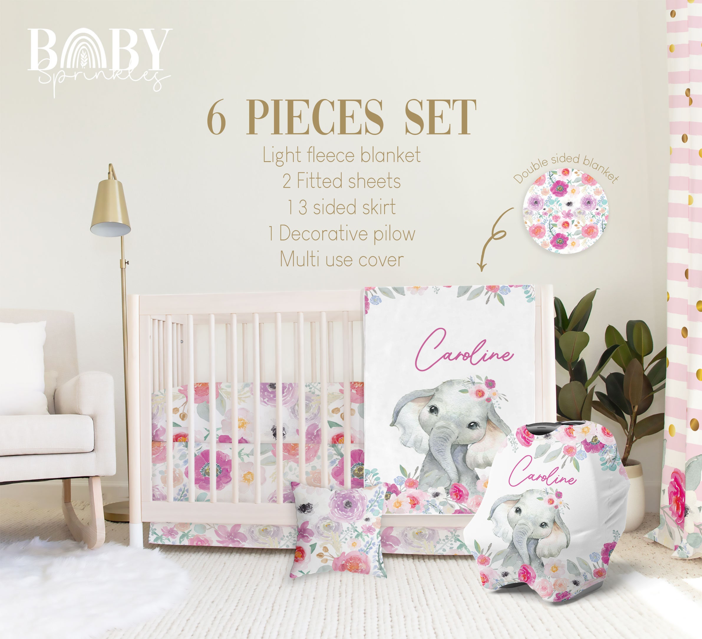 PINK FLORAL ELEPHANT Crib Bedding Set Elephant Baby Crib Etsy