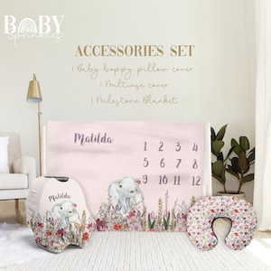 PURPLE FLORAL ELEPHANT Accesories Set, Floral Baby Milestone Blanket, Elephant blanket, Baby Elephant Blanket, Personalized Baby Accesories