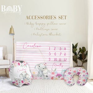 PINK FLORAL ELEPHANT Accesories Set, Floral Baby Milestone Blanket, Elephant blanket, Baby Elephant Blanket, Personalized Baby Accesories