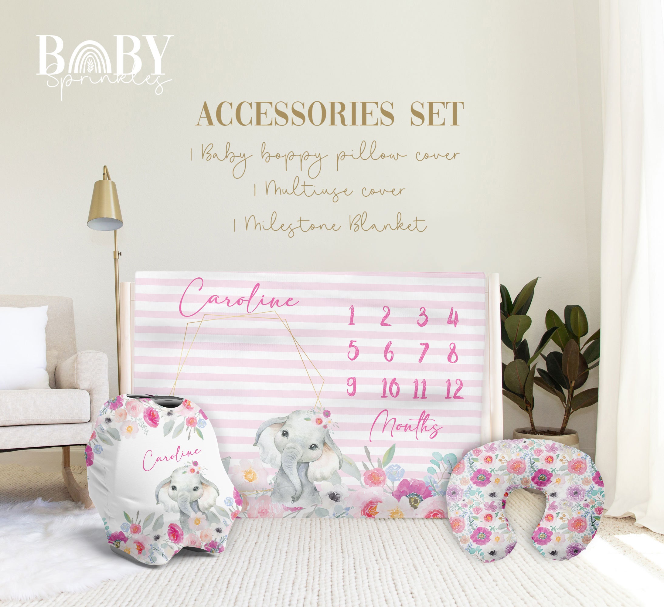 PINK FLORAL ELEPHANT Accesories Set, Floral Baby Milestone Blanket, Elephant blanket, Baby Elephant Blanket, Personalized Baby Accesories