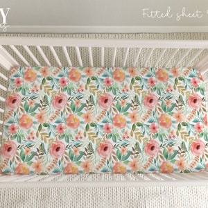 SALMON PINK FLORAL Girl Crib Fitted Sheet, Floral Crib Sheet, Salmon Pink Baby Nursery, Floral Girl Nursery, Personalized Baby sheet