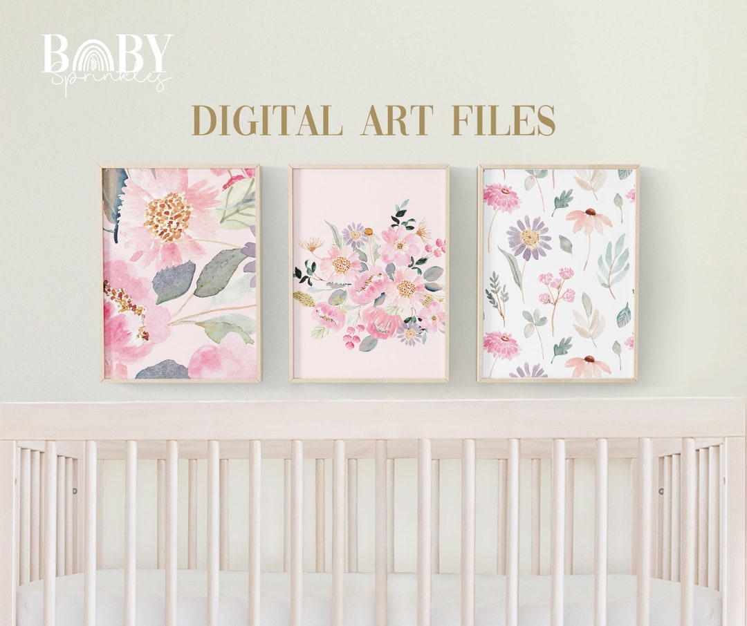 Pink Floral Nursery Wall Art Prints, Set of 3 (digital Files) - Etsy